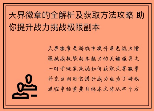 天界徽章的全解析及获取方法攻略 助你提升战力挑战极限副本
